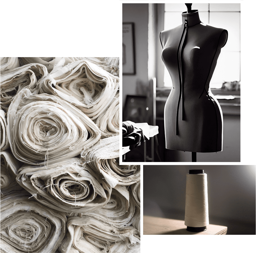 Montage de 3 photos de tissues, bobines de fils et mannequin