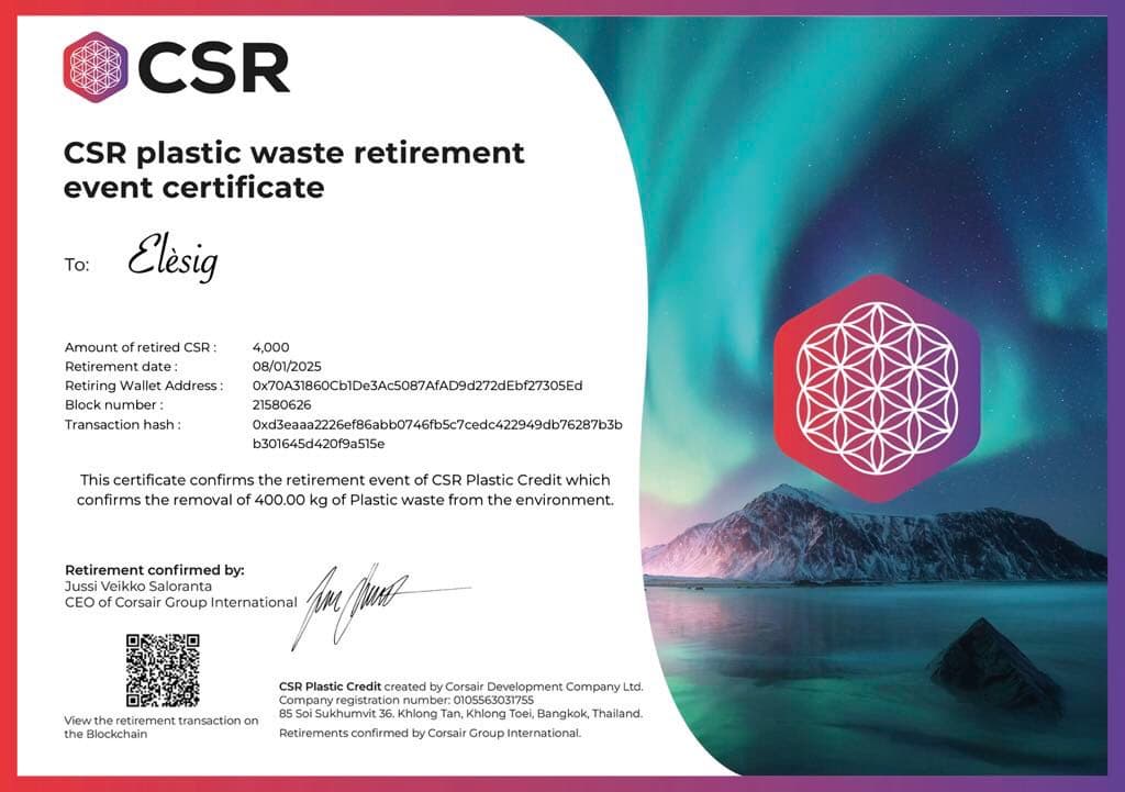 Certificat de CSR pour le retrait de plastique dans l'environement