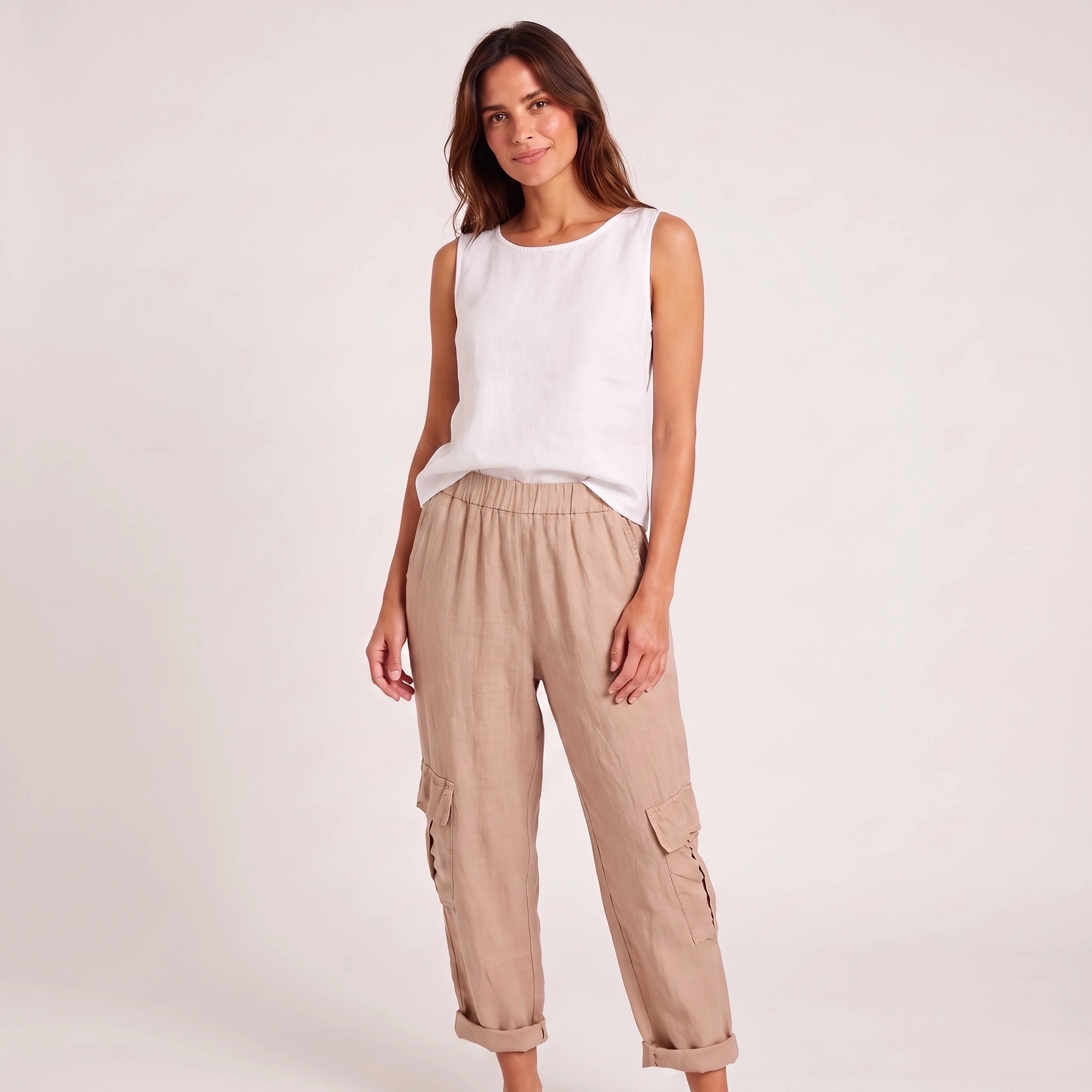 PANTALON LIN Beige/Rose